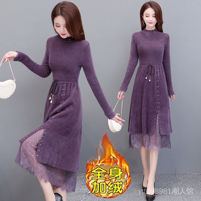 Đầm Len Giả Lông Cừu Phối Ren Thời Trang Thu Đông Dễ Thương Cho Nữ