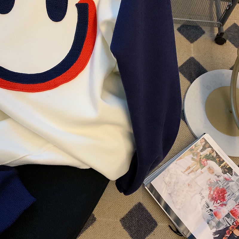 Áo Sweater Mỏng Cổ Tròn Thêu Hình Mặt Cười Thời Trang Mùa Thu Cho Nữ