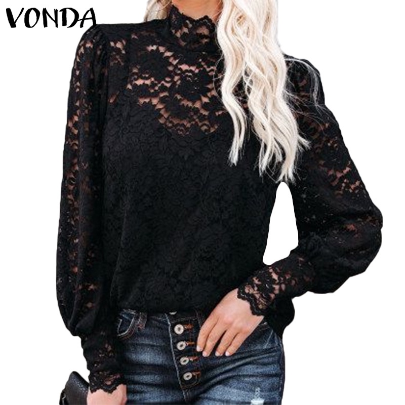 Áo blouse nữ VONDA tay dài ghép vải ren kèm áo ba lỗ mặc lót gợi cảm thường ngày