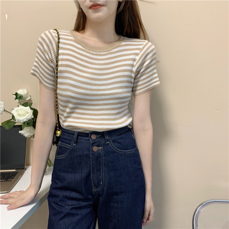 Áo Thun Croptop Gân Tăm Tay Ngắn Họa Tiết Kẻ Sọc Kiểu Hàn Quốc Thời Trang 2022