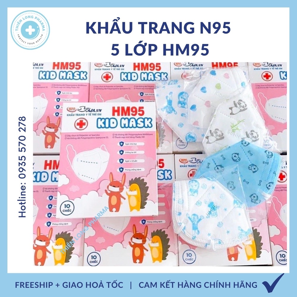 Khẩu trang trẻ em N95 TM KIDS [Hộp 10 cái] khẩu trang y tế em bé kháng khuẩn chống tia UV có hoạ tiết