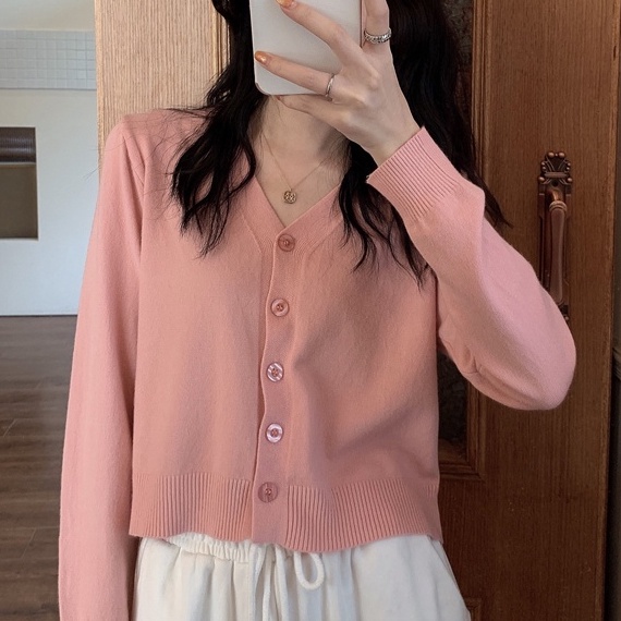 【ZHELIHANGFEI】Áo Cardigan Dệt Kim Tay Dài Cổ Chữ V Lưng Cao Dễ Phối Đồ