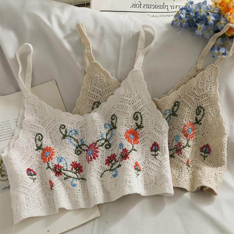 Áo Croptop Dệt Kim Hai Dây Mảnh Cổ Chữ V Thêu Hoa Phong Cách Boho Thời Trang Đi Biển Mùa Hè Cho Nữ