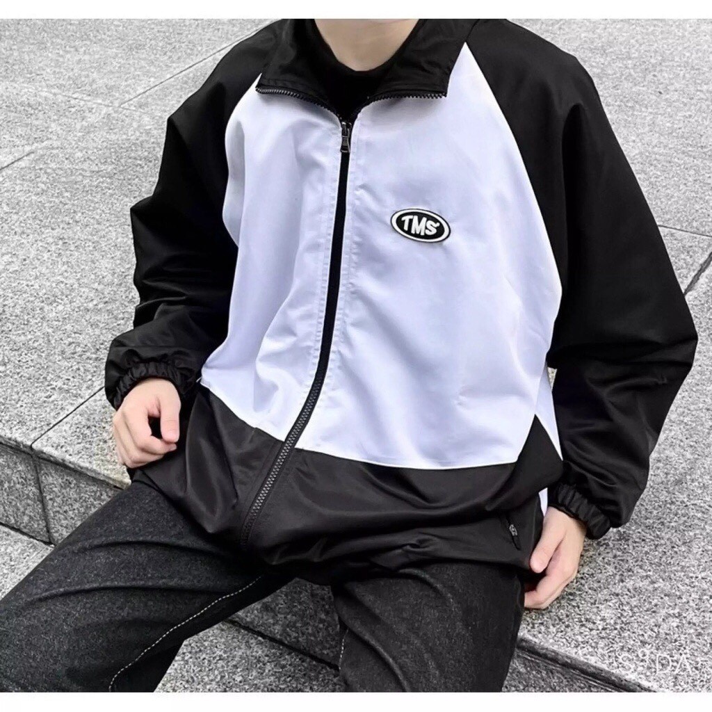 Áo Khoác Gió nam nữ TMS 2 lớp phối màu trắng đen, Áo khoác gió unisex nam nữ