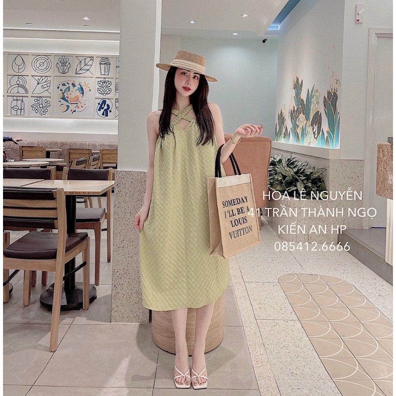 Đầm xốp cổ yếm chéo phom suông rộng, mặc đi biển hoặc đầm bầu đều đẹp NG alohashop91