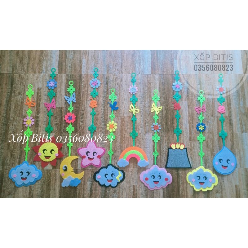 Bộ 10 dây rèm treo hiện tượng tự nhiên vải nỉ trang trí mầm non