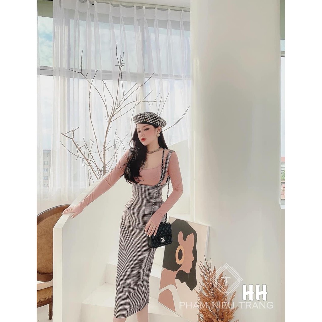 sale Set yếm caro áo thun tay dài xẻ đùi xinh xắn, hit hot mã HF13035220