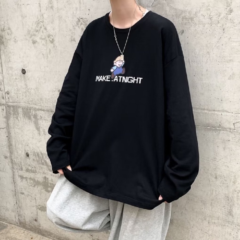 Áo Thun Tay Dài Cổ Tròn Dáng Rộng In Họa Tiết Hoạt Hình Phong Cách Hip Hop Hàn Quốc Thời Trang Cho Nam M-5XL