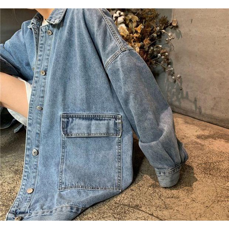 Áo khoác IELGY làm từ denim dáng rộng tay dài thời trang Hàn Quốc retro cho nữ