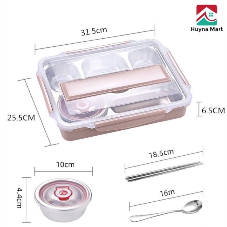 Khay hộp cơm  giữ nhiệt inox 5 ngăn có kèm muỗng (thìa) đũa