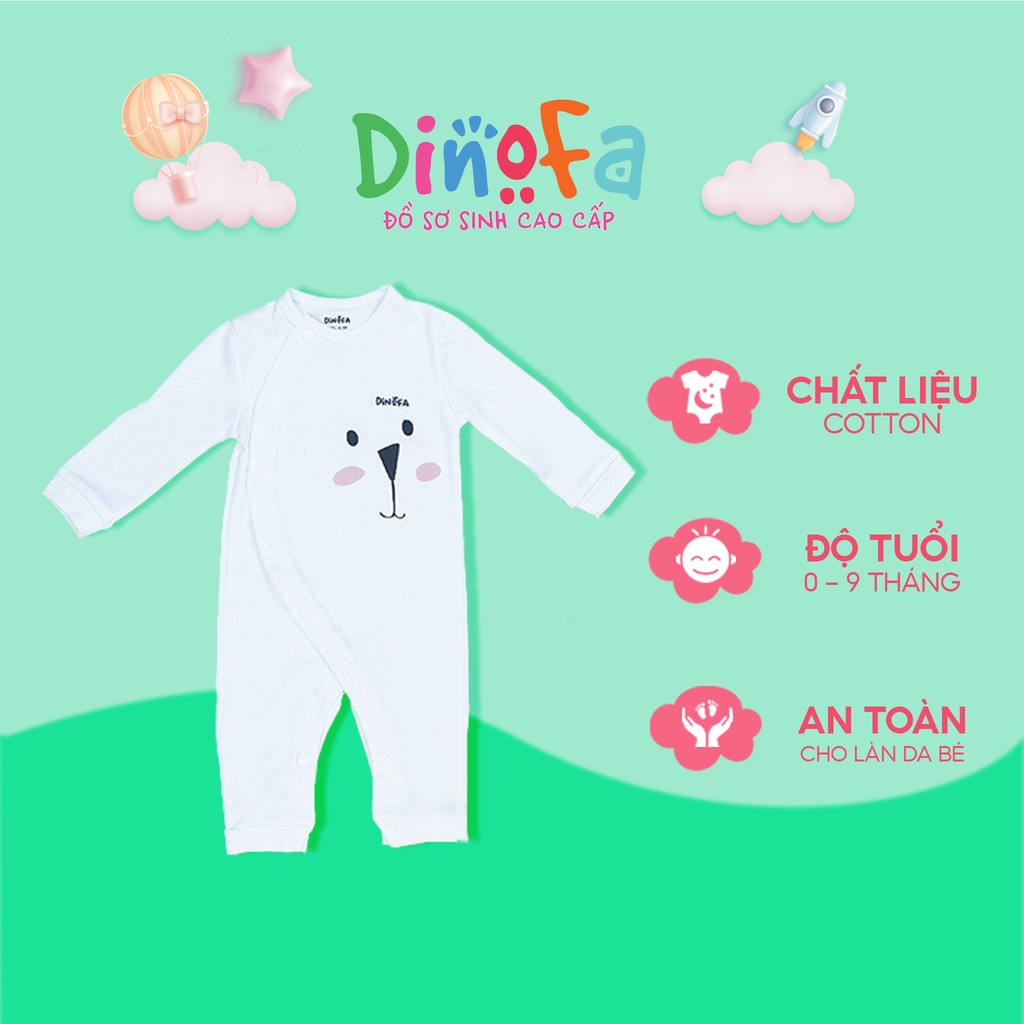 Jumpsuit cho bé 0-9m màu trắng, Bodysuit dài tay cho bé 100% cotton, quần áo sơ sinh họa tiết mặt gấu, cúc bên_J19-J21