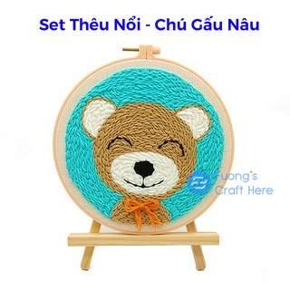 Set thêu nổi thêu len xù gấu bông nâu dành cho người mới bắt đầu, punch needle set brown bear for beginners