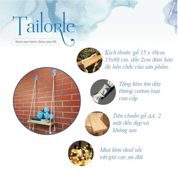 Kệ gỗ treo tường, kệ dây thừng trang trí mặt gỗ AA chất lượng cao | BigBuy360 - bigbuy360.vn