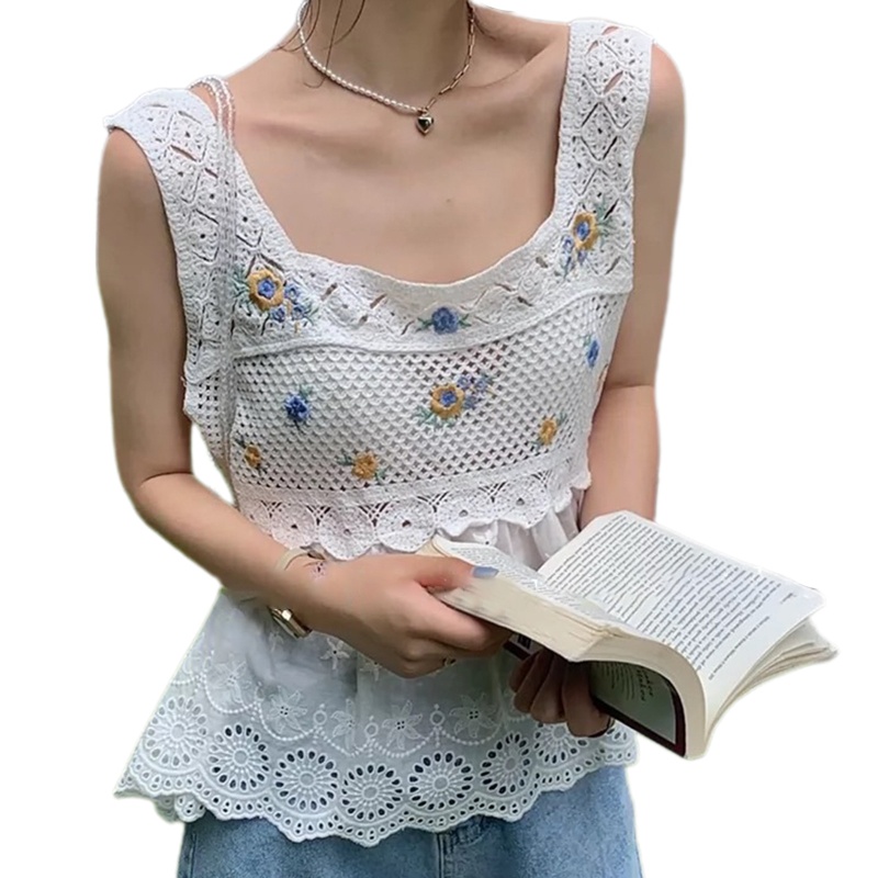 Áo Croptop Dệt Kim Sát Nách Thêu Họa Tiết Kiểu Retro Pháp Xinh Xắn Cho Nữ