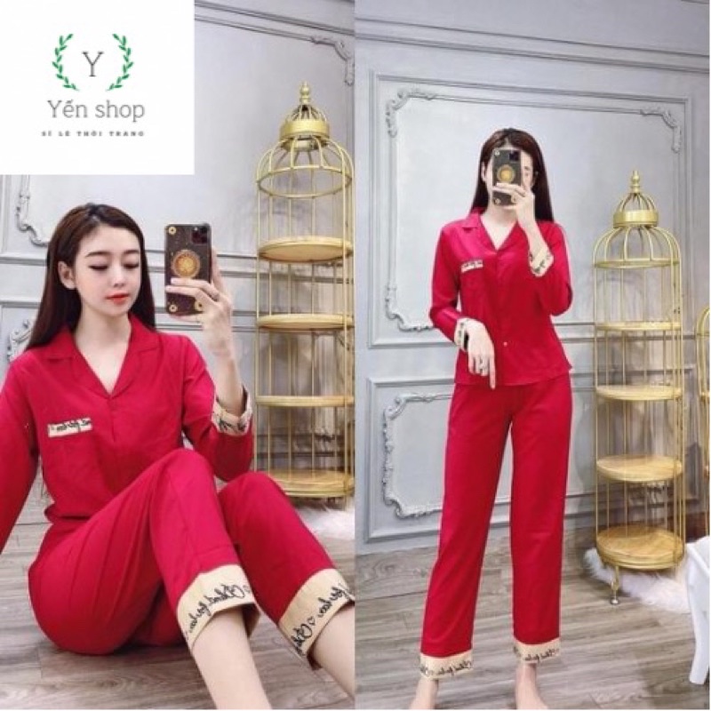 bộ pijama lụa dài tay viền chữ ký
