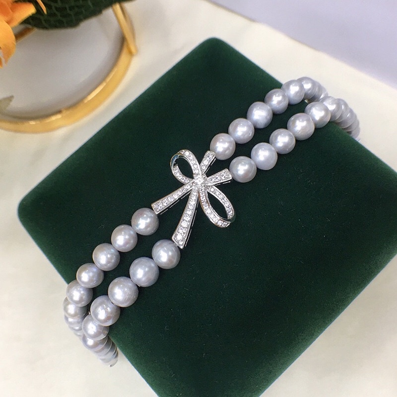 Vòng Tay Ngọc Trai Hạt Màu Xám Khóa Nơ Bạc - NT25 - Ngọc Trai Trường Thịnh