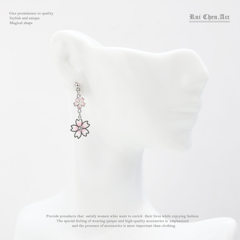 [Hàng Mới Về] Bông Tai Dạng Kẹp Không Đối Xứng Hình Hoa Anh Đào Sơn Dầu Bằng Resin Thời Trang Xuân Hè