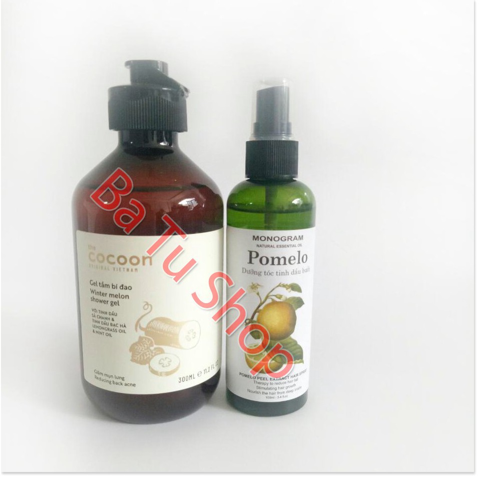 Combo giảm rụng tóc, giảm mụn lưng gồm Dưỡng Tóc Tinh Dầu Bưởi Pomelo 100ml + Gel tắm bí đao COCOON 300ml