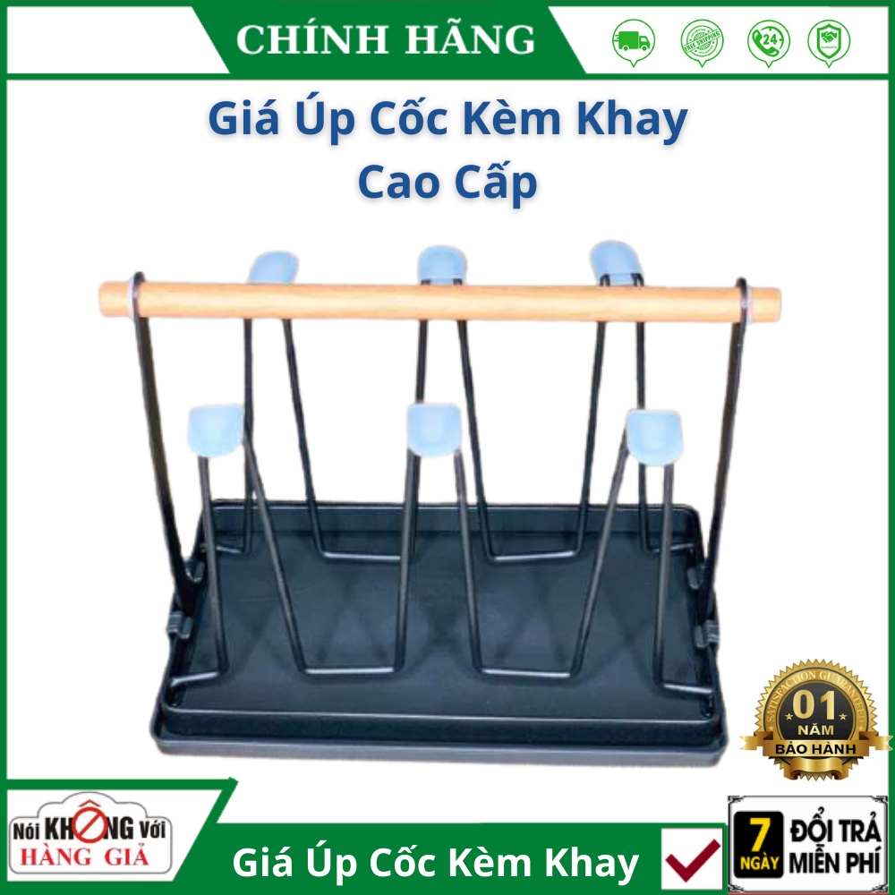 Giá Úp Cốc Có Kèm Khay Hứng Nước , Chất liệu cao cấp , bền bỉ , Có tay cầm gỗ tiện lợi -  bảo hành 1 năm