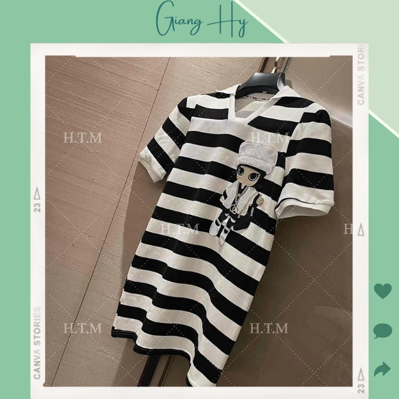 Váy polo nữ dáng suông dài bigsize KẺ ĐEN TRẮNG CỔ V CÔ BÉ THÊU