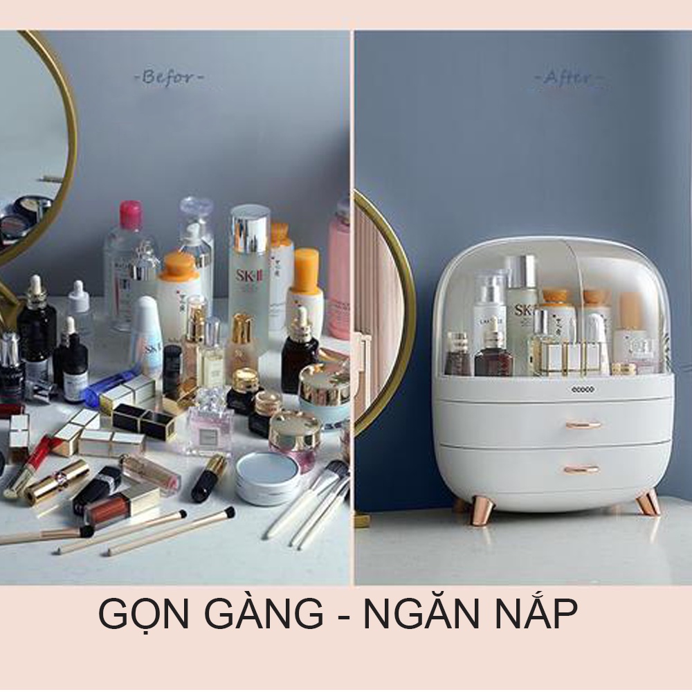 Hộp Đựng Mỹ Phẩm Để Bàn Ecoco Có Nắp Chống Bụi - 2 Ngăn Kéo, Hộp Mỹ Phẩm Mini, Kệ Để Đồ Đa Năng Nhựa ABS Cao Cấp