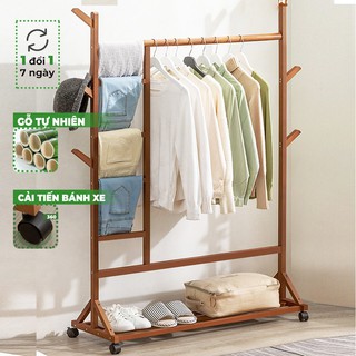 Cây Treo Quần Áo Phong Cách Hàn Quốc Làm Bằng Gỗ Tự Nhiên Kết Hợp Kệ Để Đồ Cao Cấp, Loại Sào Có Bánh Xe Di Chuyển