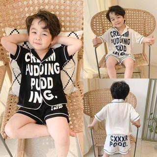 Bộ pijama cho bé Kangmin kids, đồ bộ ngủ lụa cộc tay in chữ cực xinh cho bé trai QATEK08 từ 7-28kg