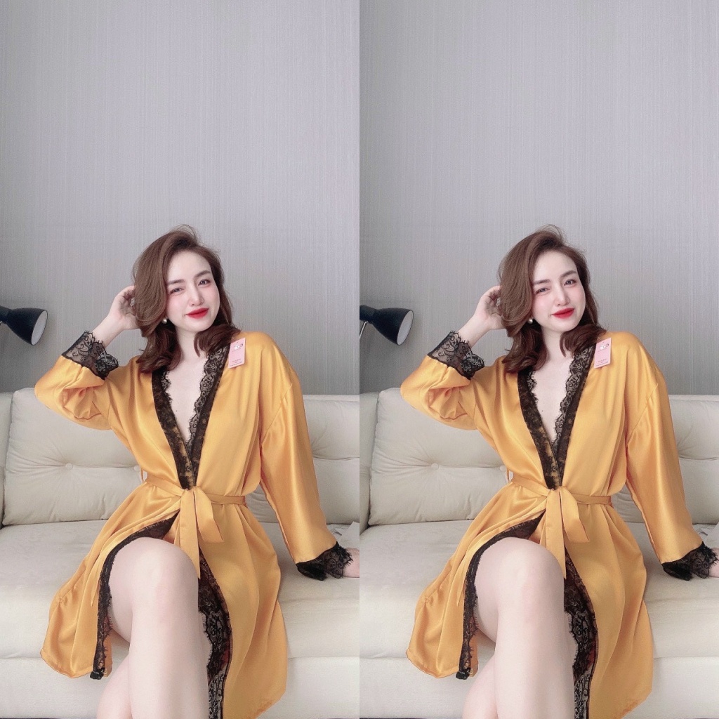 Áo Choàng Ngủ, Áo Choàng Ngủ Sexy Lụa Satin Phối Ren Gợi Cảm Sang Trọng Freesize - Linqustore