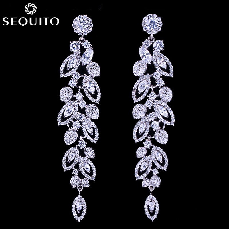 Sequito Bông Tai Mạ Bạc Dáng Dài Đính Kim Cương Pha Lê cz Chất Lượng Cao Cho Cô Dâu e298
