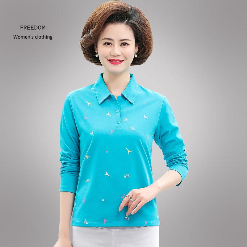 freedom  Áo thun nữ trung niên, cotton plus size, mặc mẹ, quần xuân thu, dài tay Hàn Quốc- sơ mi POLO ve người già và ca