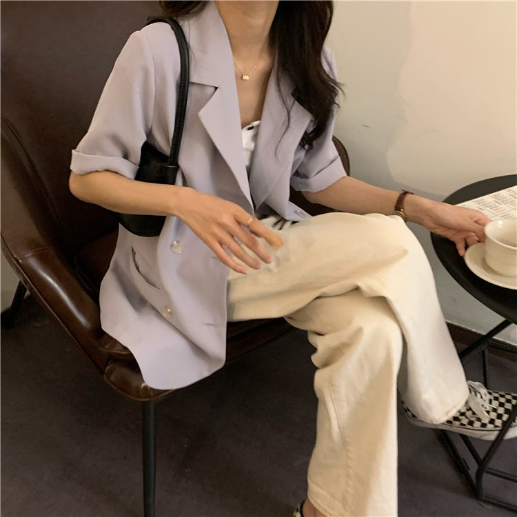 [SẴN SỐ LƯỢNG ÍT] Áo blazer mỏng cộc tay 2 màu pastel style ulzzang Korea (tím/be) | BigBuy360 - bigbuy360.vn