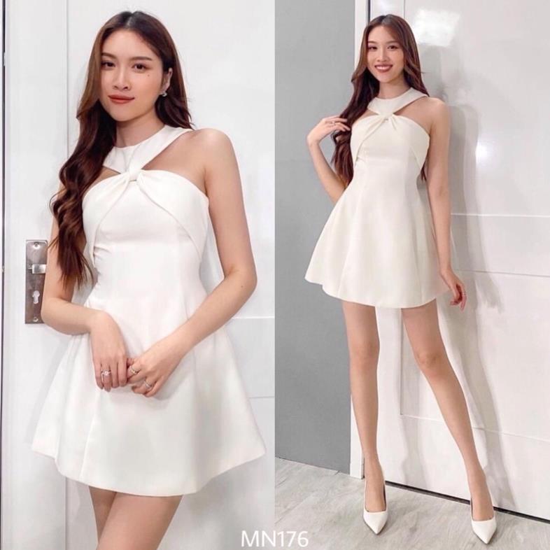 SIÊURẺ Đầm trắng xoè Cotton lạnh dáng ngắn kiểu xoắn cổ yếm trẻ trung xinh xắn đi chơi, đi tiệc - MN176 - Đầm Váy Mina ,