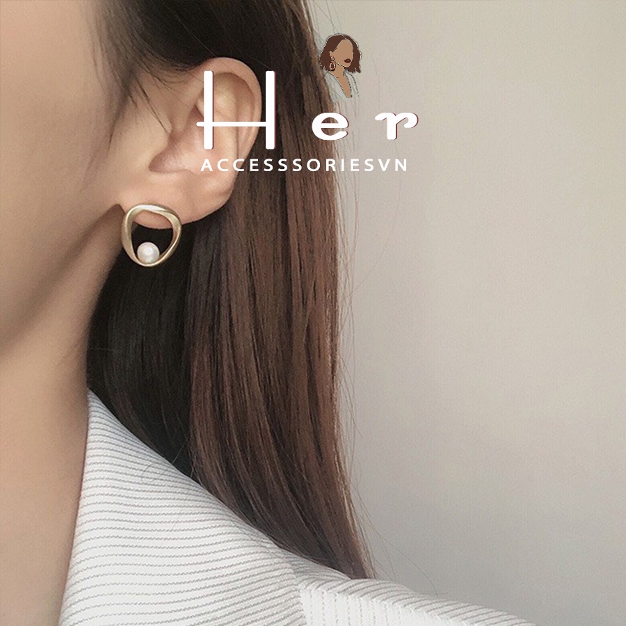 Bông tai nữ hình khối tròn điểm nhấn hạt trai, Vintage Her Accessories | H14