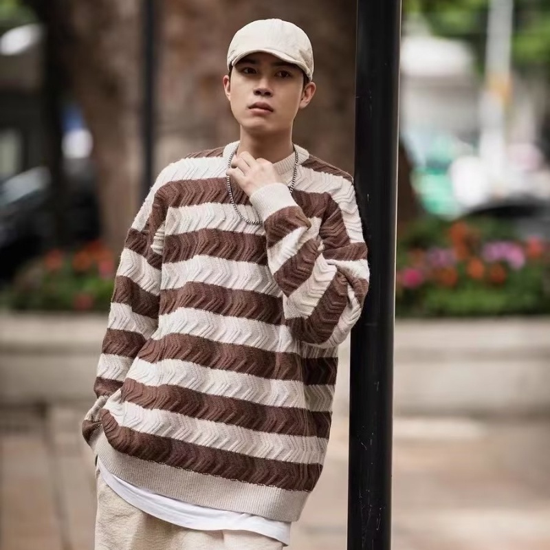 Áo Sweater Chui Đầu Dáng Rộng Họa Tiết Kẻ Sọc Đơn Giản Thời Trang Mùa Thu Phong Cách Hàn Quốc Cho Nam Và Nữ