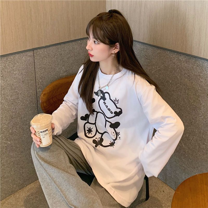 Jiashucheng Áo Thun Tay Dài Cổ Tròn Dáng Rộng In Hình Gấu Dễ Thương Phong Cách Nhật Bản