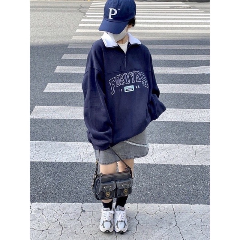 Sweater cổ bẻ màu xanh than dáng rộng - hoodie Hàn Quốc (hàng sẵn) | BigBuy360 - bigbuy360.vn