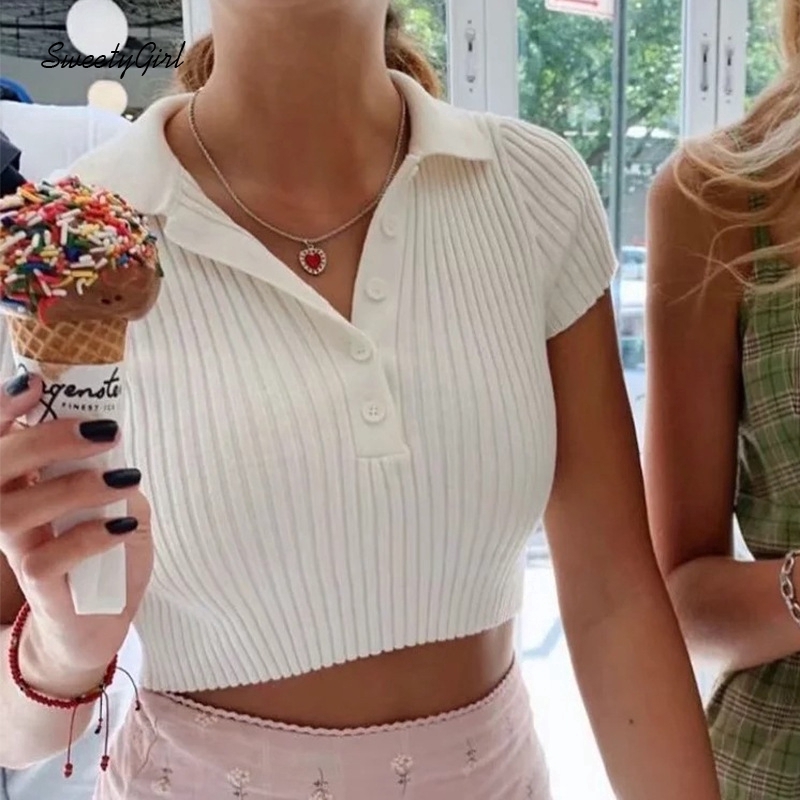 Áo Thun Nữ Ngắn Tay Cổ Bẻ Thời Trang Hàn