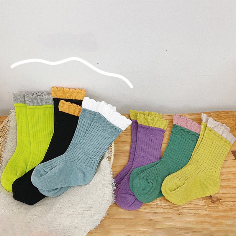 Set 3 Đôi Vớ Cotton Phối Ren Nhiều Màu Sắc Phong Cách Hàn Quốc Cho Bé Gái