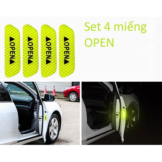 Bộ 4 Miếng Decal Phản Quang Màu Xanh Luminer Dán Cánh Cửa Ô Tô Chữ OPEN Kích Thước 1 Miếng 93x25mm