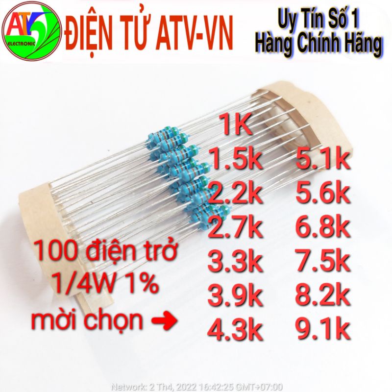 100 điện trở 1k 1.5k 2.2k 2.7k 3.3k 3.9k 4.3k 5.6k 6.8k 7.5k 8.2k 9.1k 1/4W 1%