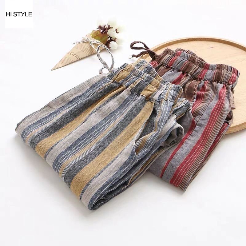 Quần nữ cotton kẻ sọc hoang dã thoải mái quần ngủ mới phong cách Vintage và rentro lưng thun quần âu rộng rãi ống rộng