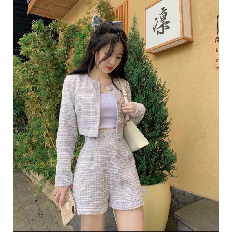 Set 3 món áo khoác, áo hai dây và quần short tweet siêu đẹp