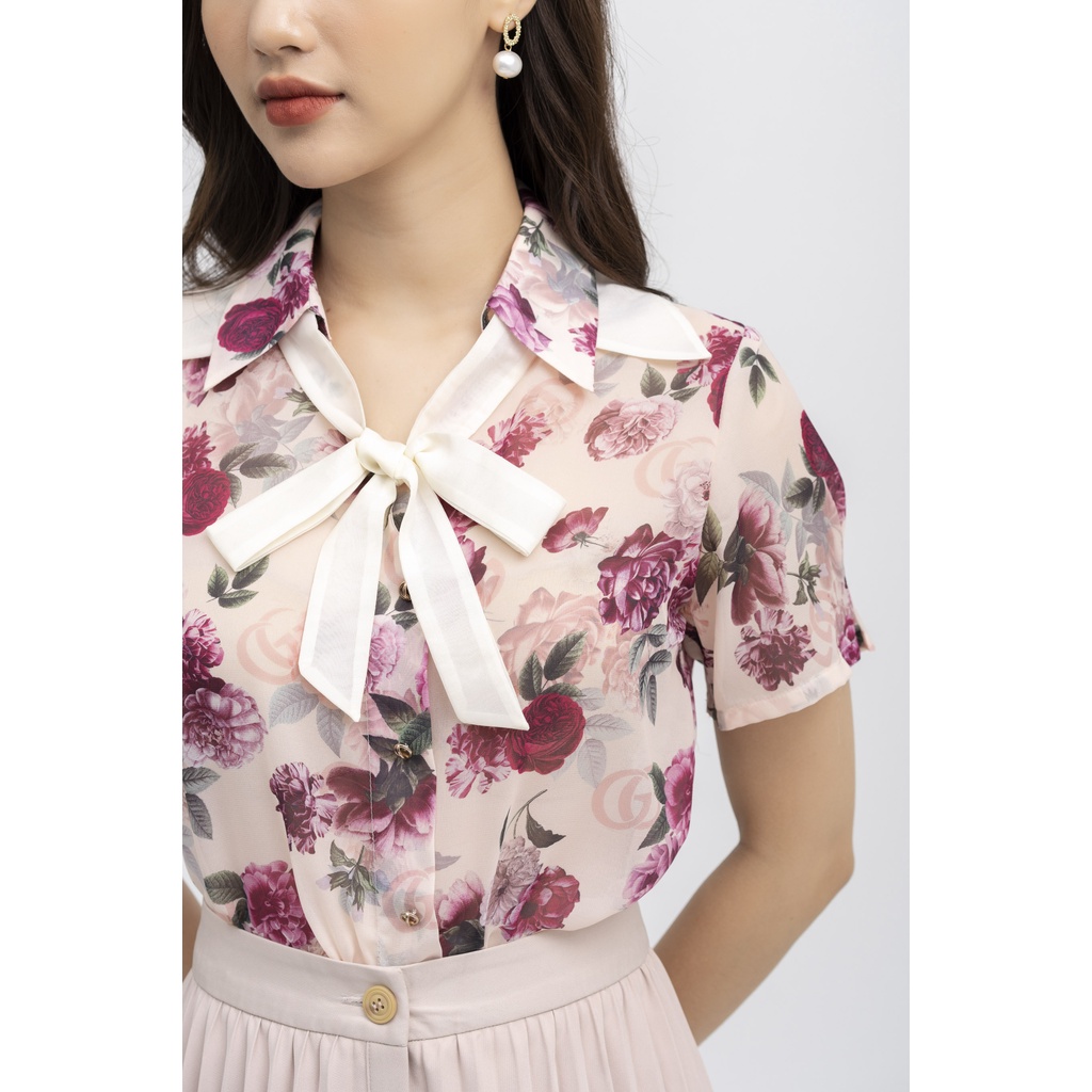 Áo sơ mi nữ công sở thiết kế họa tiết hoa hồng cổ phối màu buộc nơ FIONA F552215