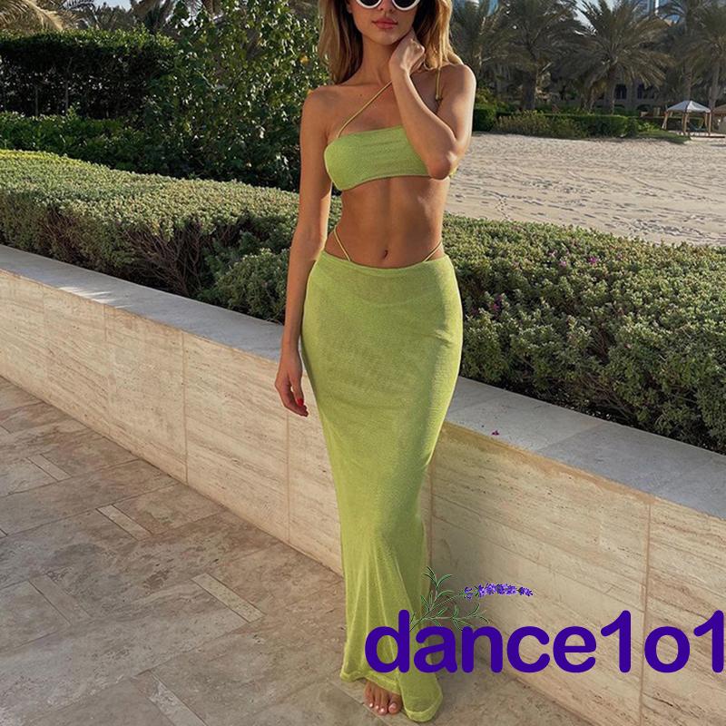 ✪MX❈Women Solid Color Sleeveless Tube Tops+Elastic Long Skirt