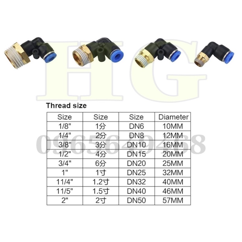 NỐI GÓC VUÔNG REN NGOÀI PL KHÍ NÉN, PHUN SƯƠNG ĐỦ CỠ ỐNG DÂY 6mm 8mm 10mm 12mm