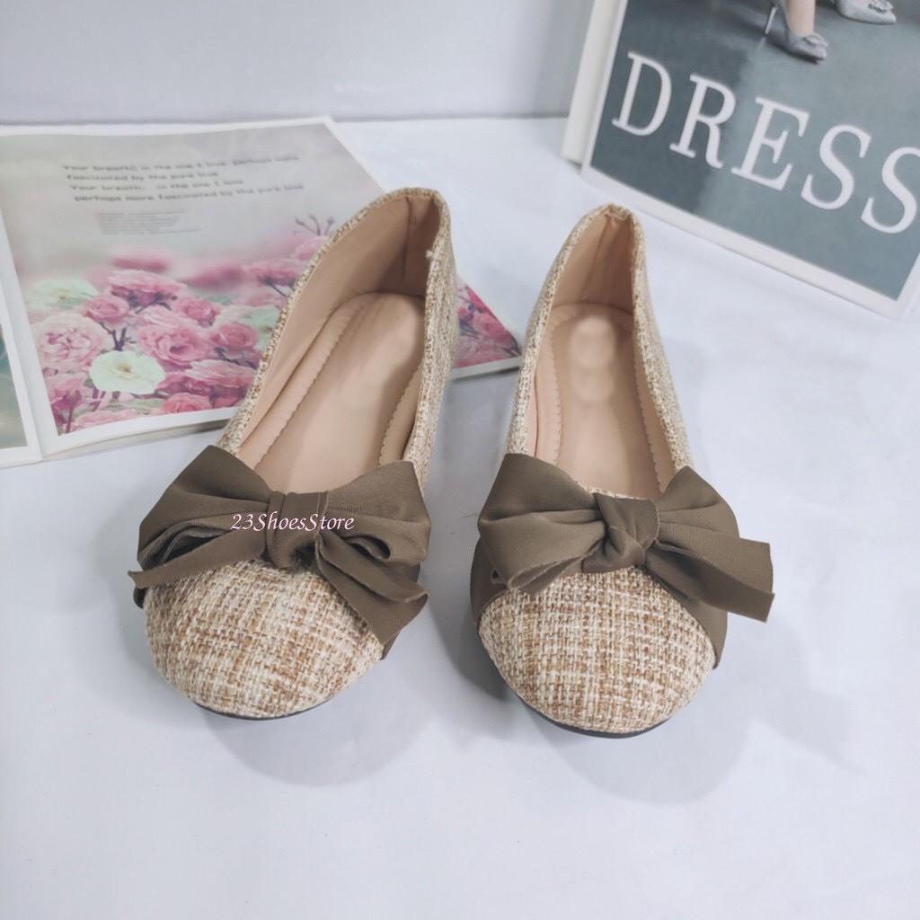 Giày búp bê nữ chất vải dạ phối nơ lụa cực xinh xắn