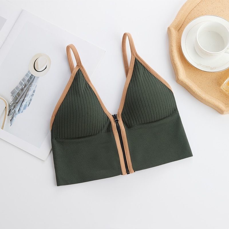 Áo bra gân nữ cá tính 2 dây cổ V khóa kéo trước, áo Croptop đẹp cotton mềm mịn thanh lịch quyến rũ