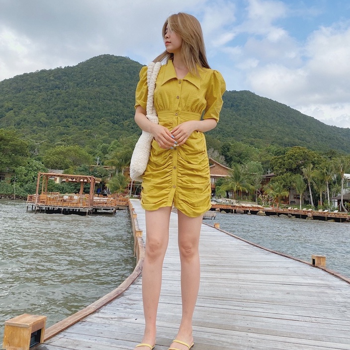 Đầm vàng nhún thân Task Dress Gem Clothing SP060402