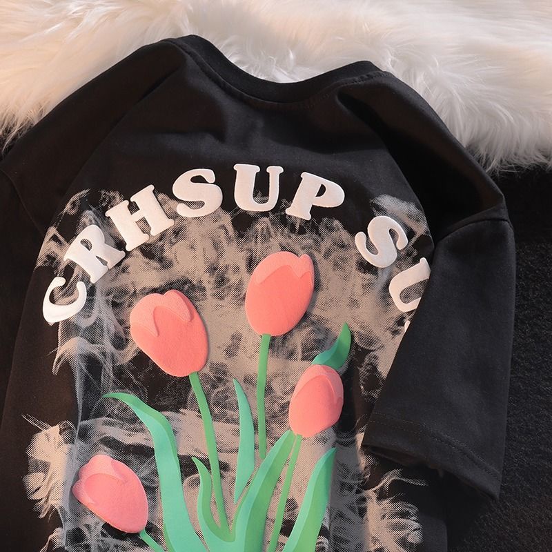 Áo Thun Cotton Trơn Tay Ngắn Dáng Rộng In Hình Hoa Tulip Phong Cách Nhật Bản Cho Cặp Đôi