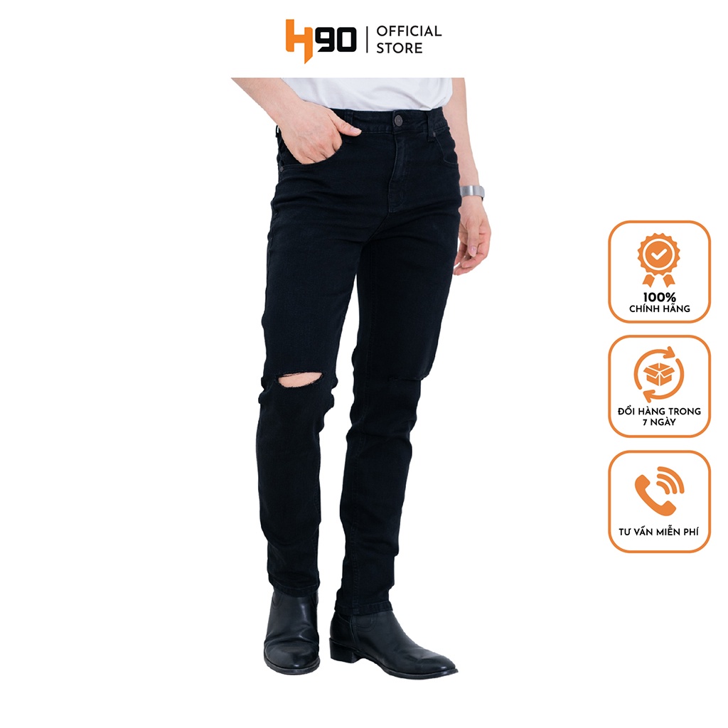 Quần jean nam đen trơn rách H90 chất bò cotton co giãn thoải mái không phai màu HTRJ002